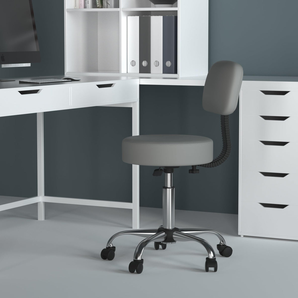 Be Well stool side view with adjustable height for user comfort
