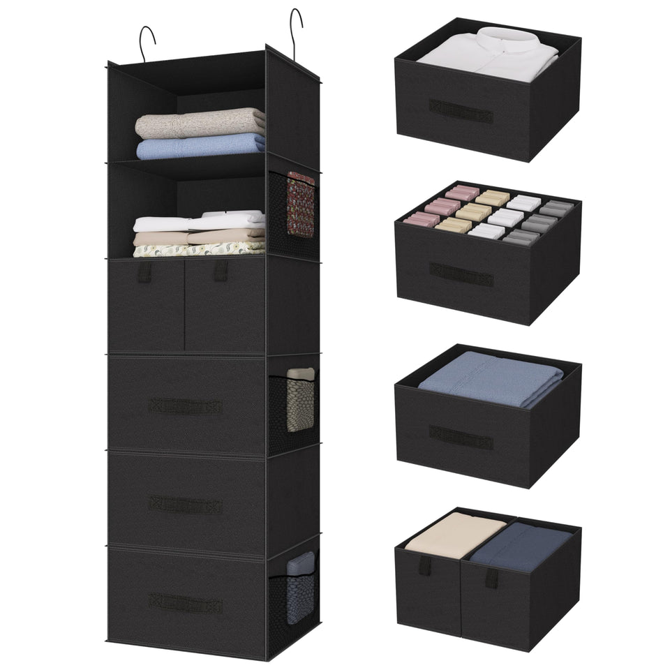 Bosuelife 6-shelf hanging closet organizer keeps wardrobe neatly organized.