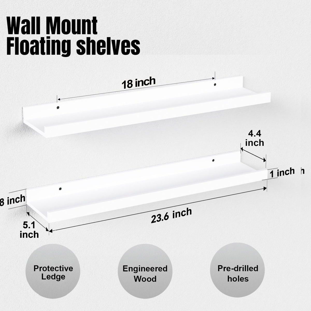 Boswillon 2-pack floating shelves shown with quick install hardware.