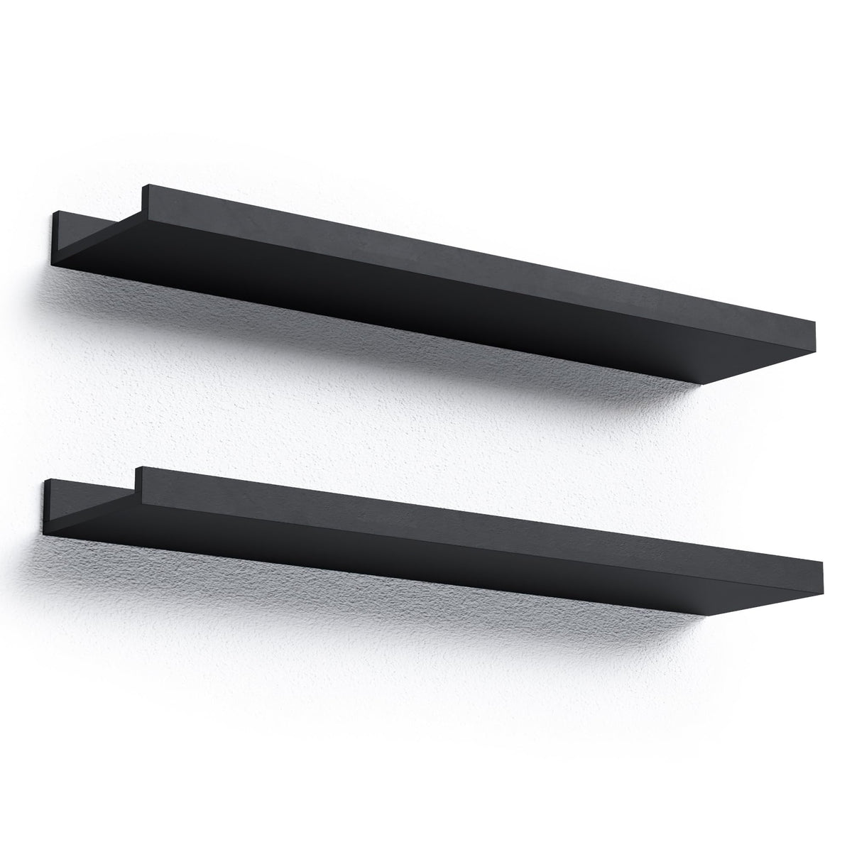 Boswillon long floating shelf with front lip secures items in bedrooms and living spaces.
