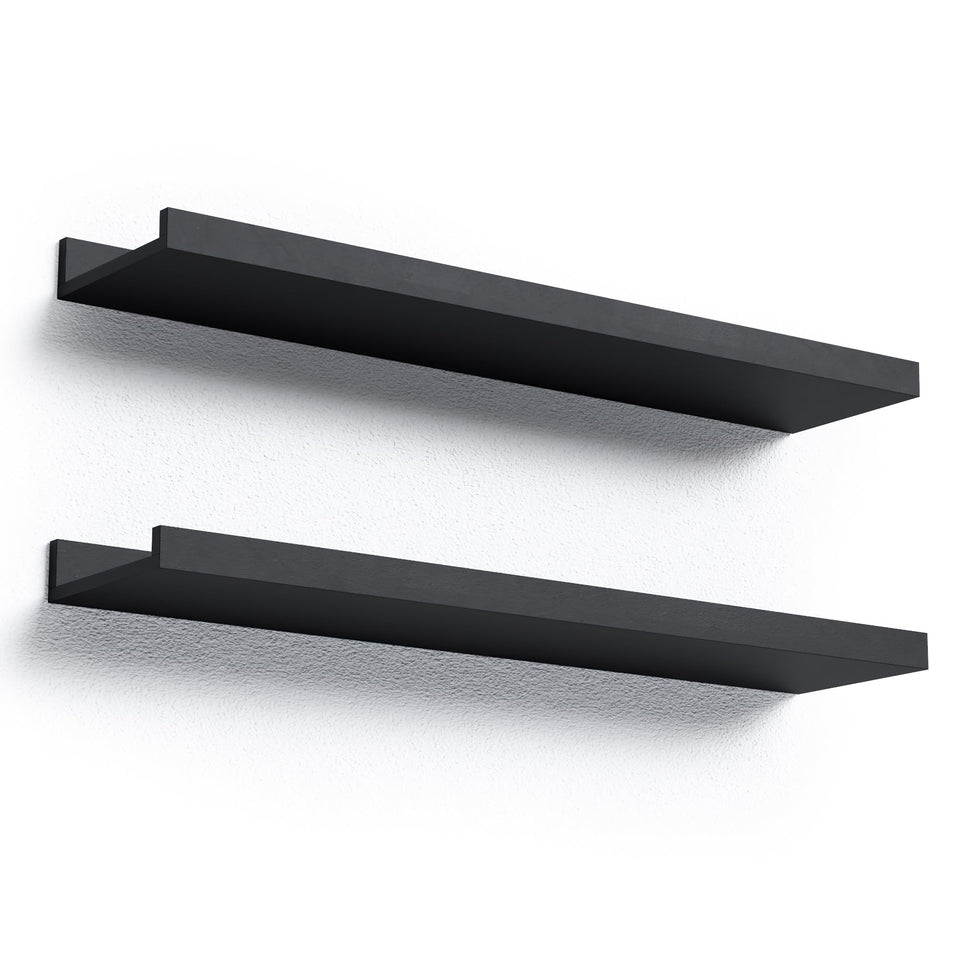 Boswillon long floating shelf with front lip secures items in bedrooms and living spaces.