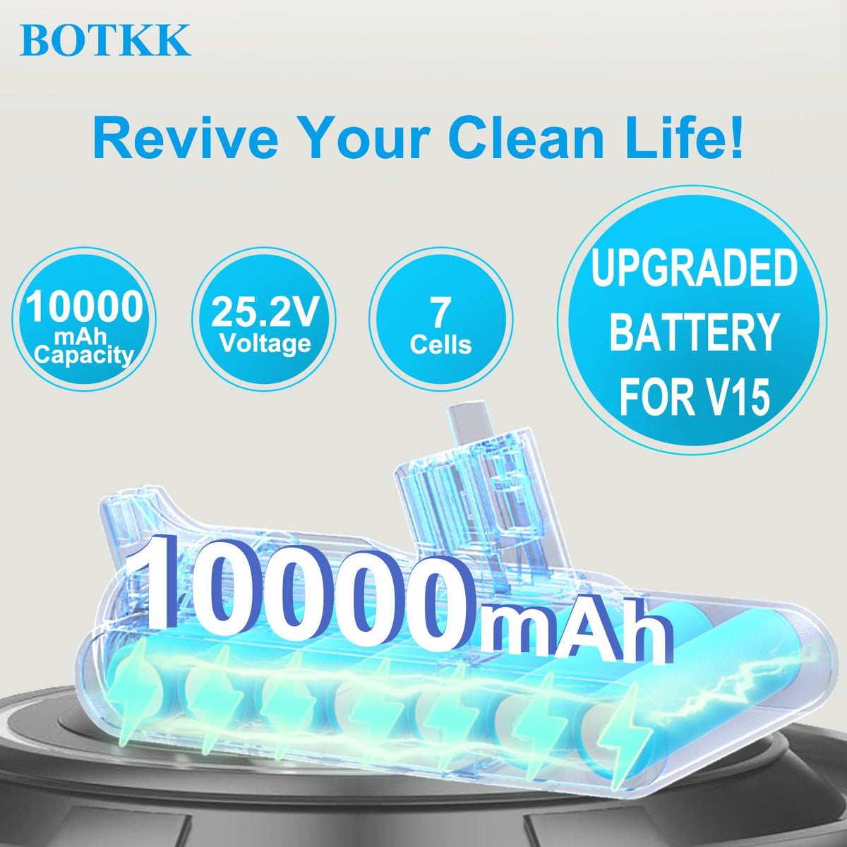 BOTKK 10000mAh V11 battery side view highlighting slim profile for easy storage.