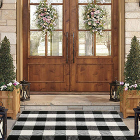 Bottalive Buffalo Plaid Rug layering mat pairs with Hello mat for porch styling