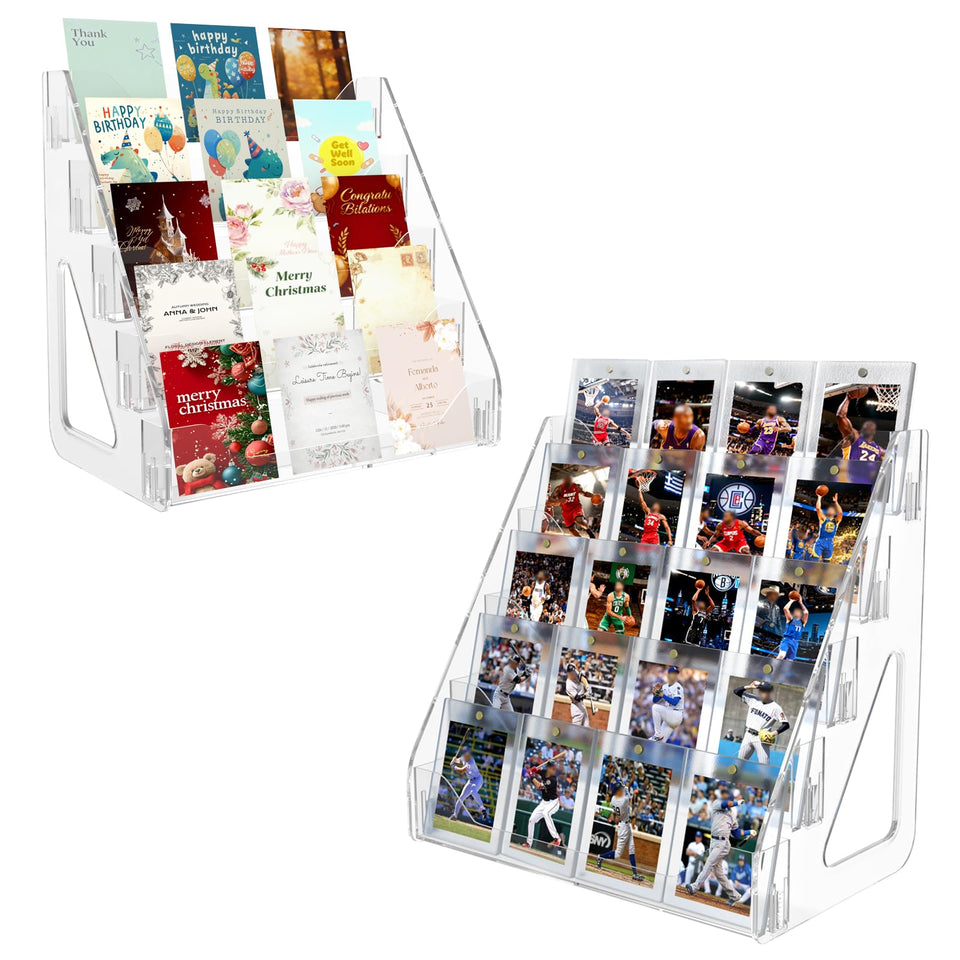 Botyboty 2-pack 5-tier trading card display stand front view keeps cards visible and organized.