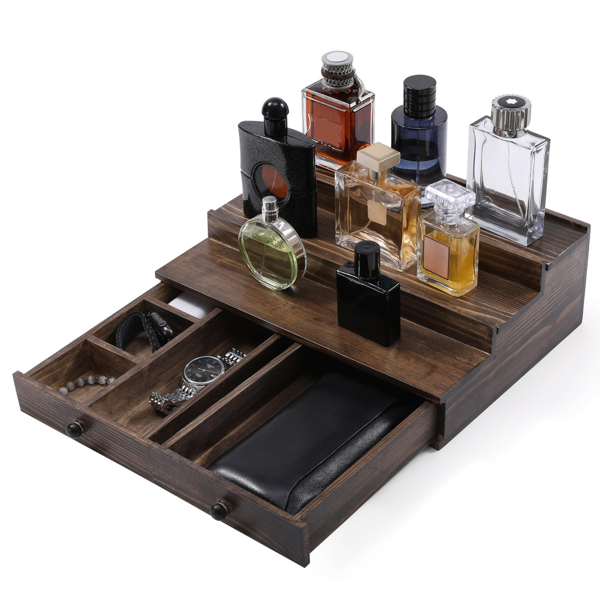 Boulphia Cologne Organizer with a 3-tier shelf keeps bottles neatly organized.