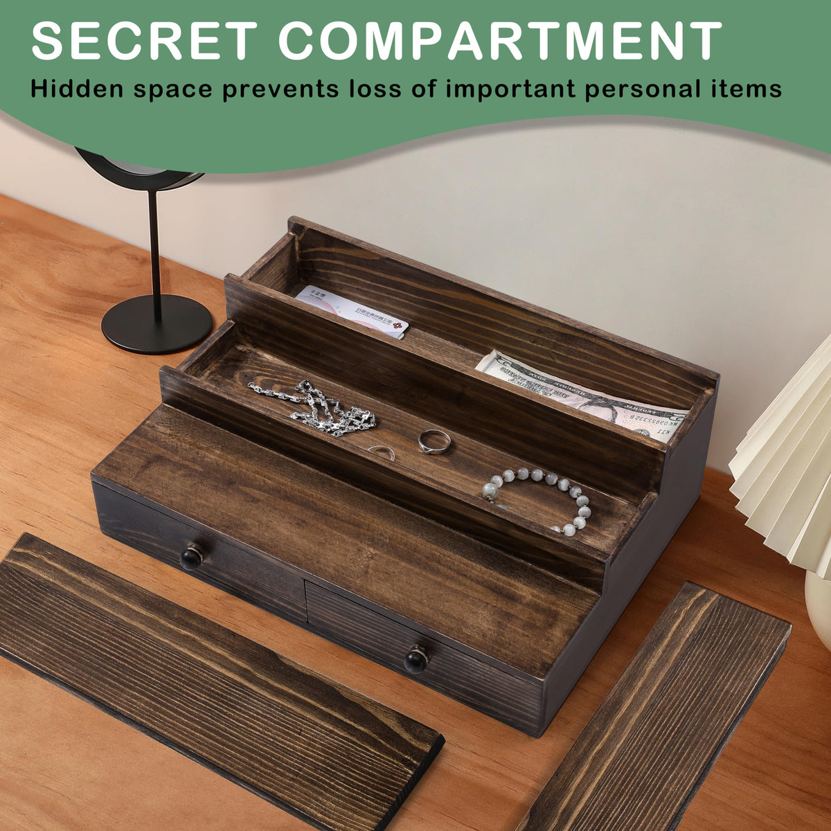 Boulphia organizer shows hidden compartments ideal for jewelry and small items.