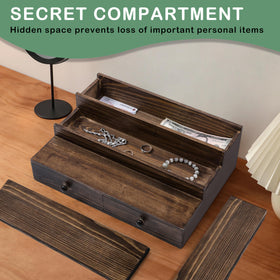 Boulphia organizer shows hidden compartments ideal for jewelry and small items.