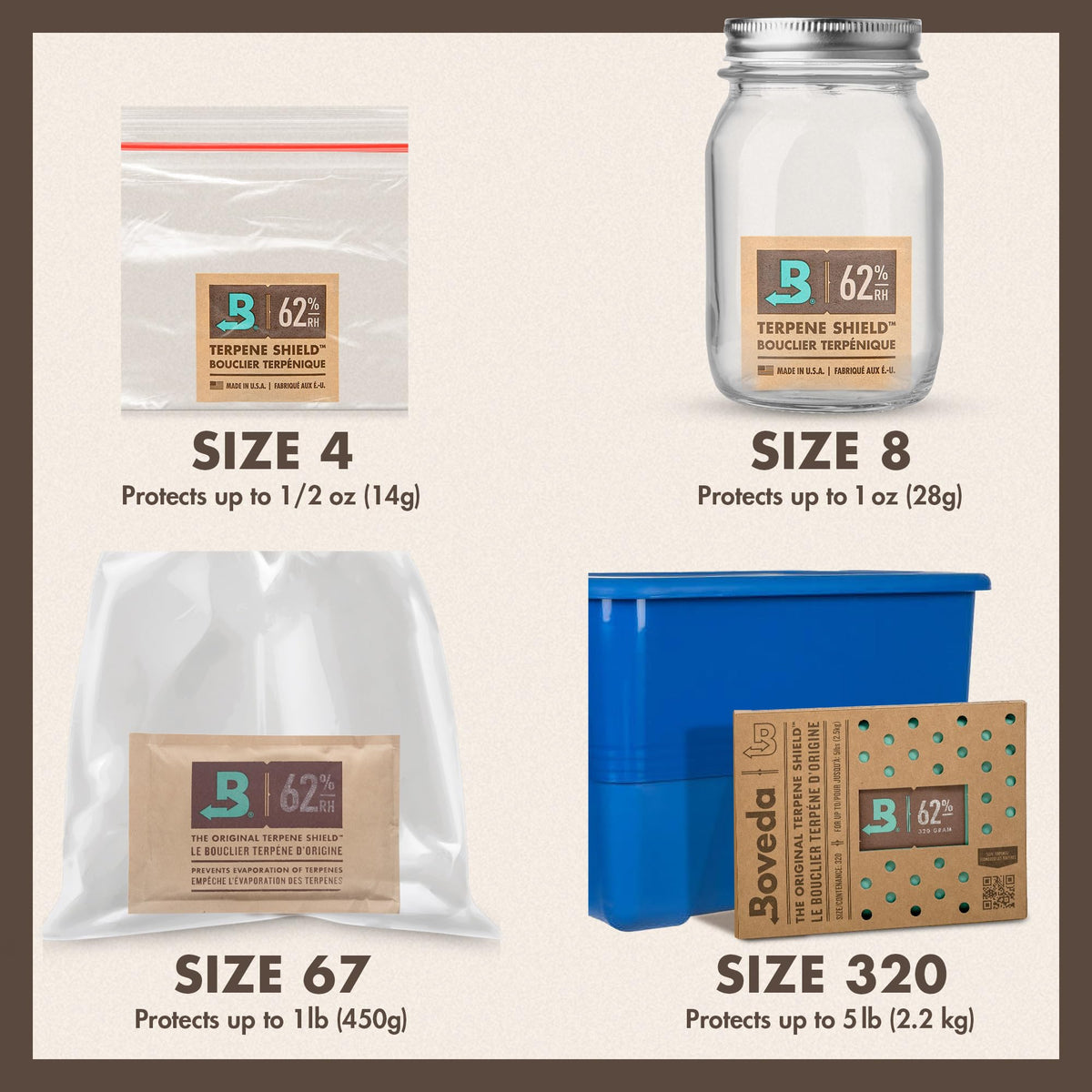 Boveda 62% pack supports up to five pounds of items in storage