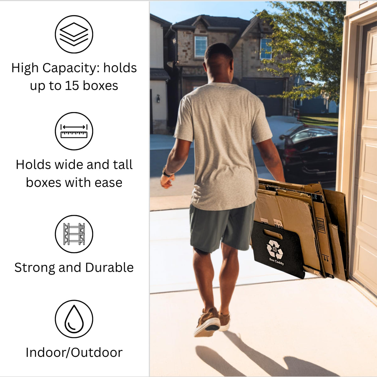 Box Caddy hanging-on-recycling-bin illustrates space-saving transport workflow.