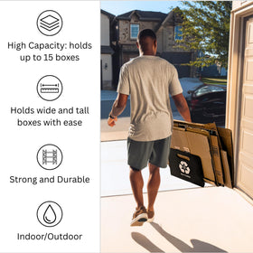 Box Caddy hanging-on-recycling-bin illustrates space-saving transport workflow.
