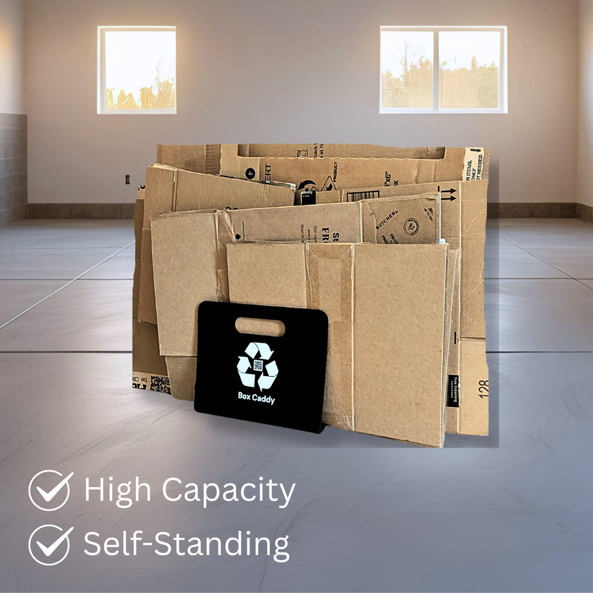 Box Caddy self-standing-design supports stable storage without bins.