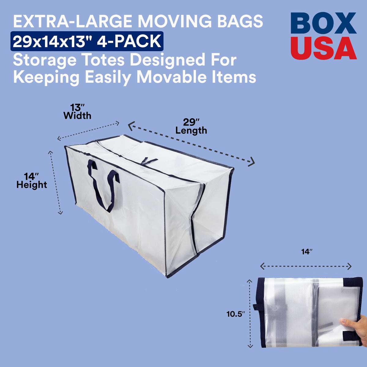 BOX USA heavy-duty blue tote bags with tear-resistant polypropylene for durable storage.