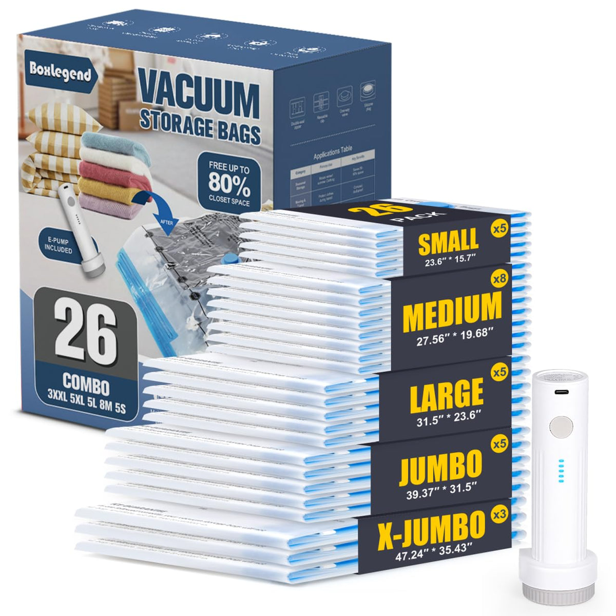 BoxLegend 26-combo vacuum bags set ready for space-saving storage of seasonal clothing.