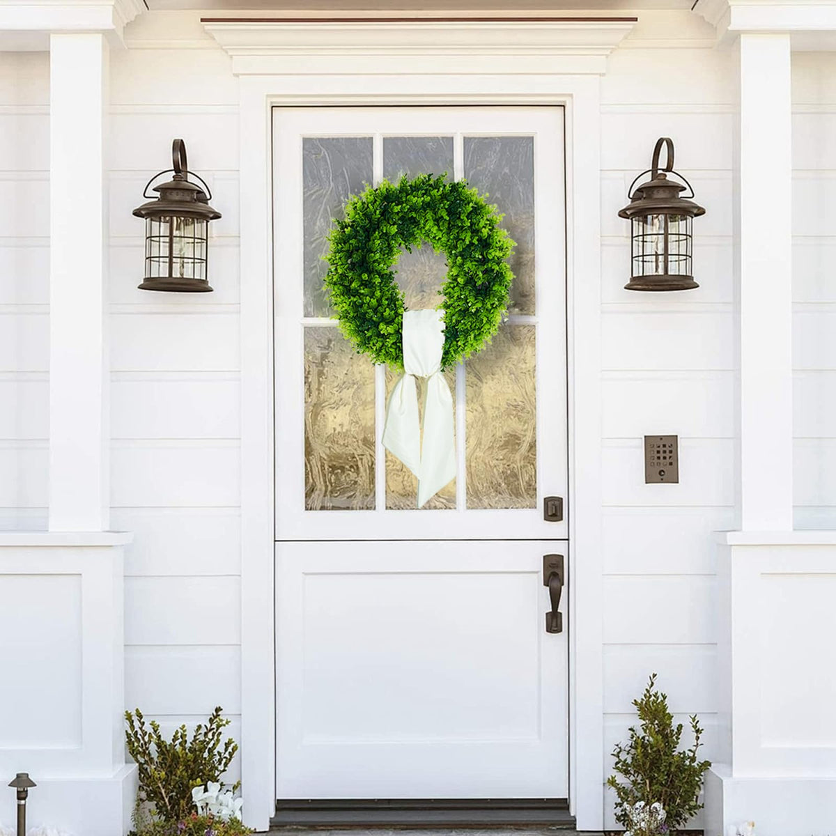 Boxwood wreath dust-free storage keeps the look pristine when not on display.