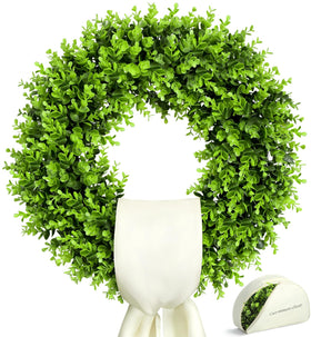 Boxwood wreath front door close-up, highlighting realistic foliage and long-lasting vibrancy for any season.
