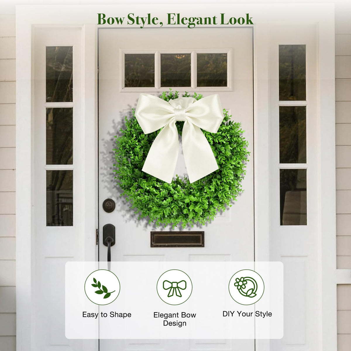Boxwood wreath UV-resistant durability keeps color vibrant in sun and weather.