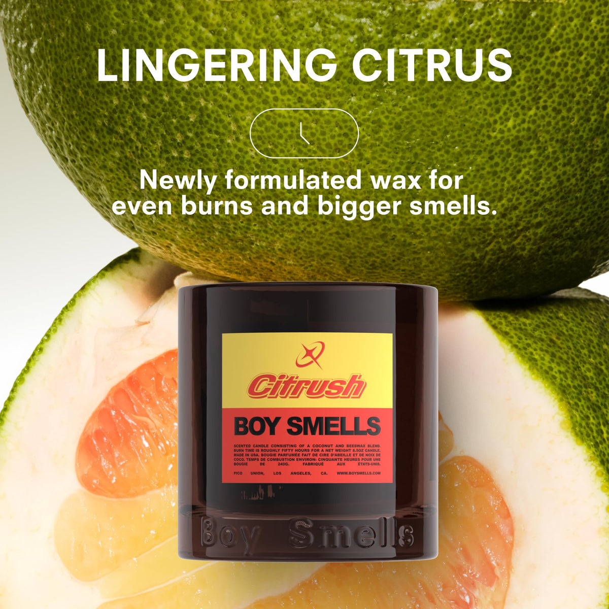 Boy Smells Citrush candle cedarwood note brings warm, grounding depth to any room.