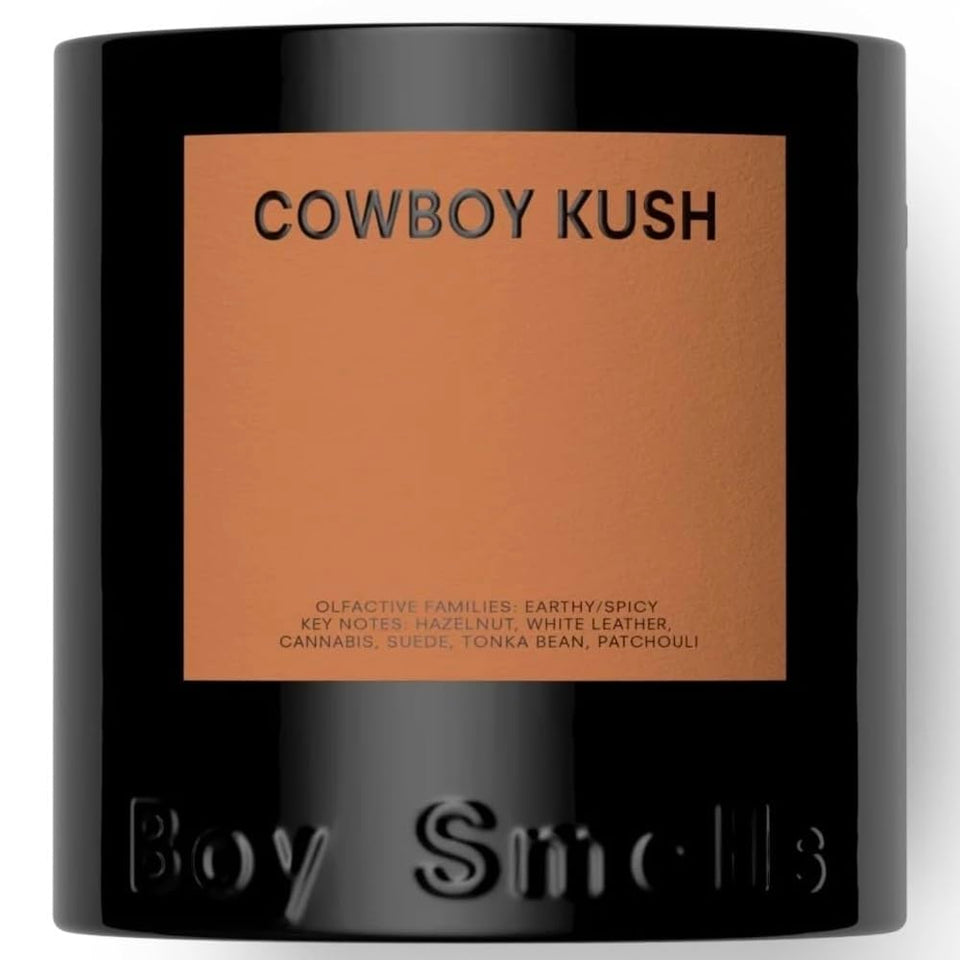 Boy Smells Cowboy Kush candle label shows premium design for stylish home fragrance