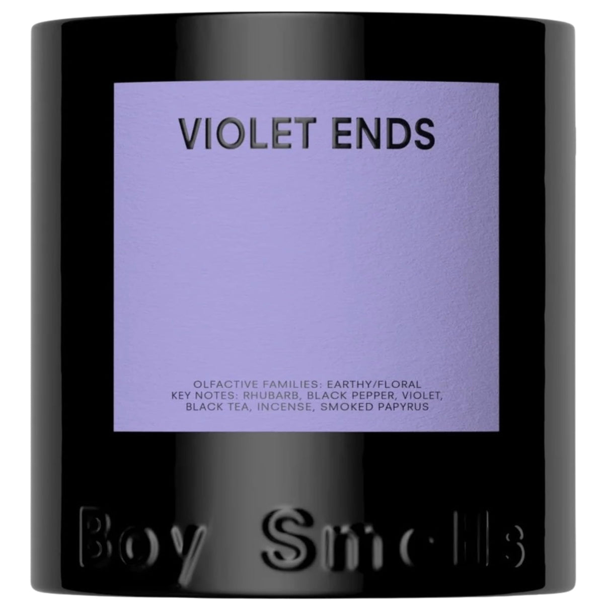 Boy Smells Violet Ends candle label highlights premium packaging for gifting.