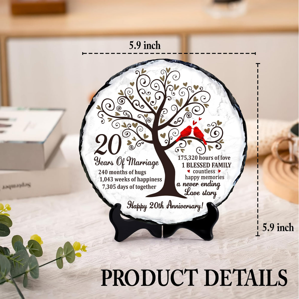 Bozspacer China Anniversary Slate Plate with wooden stand, enhances display stability on shelves.