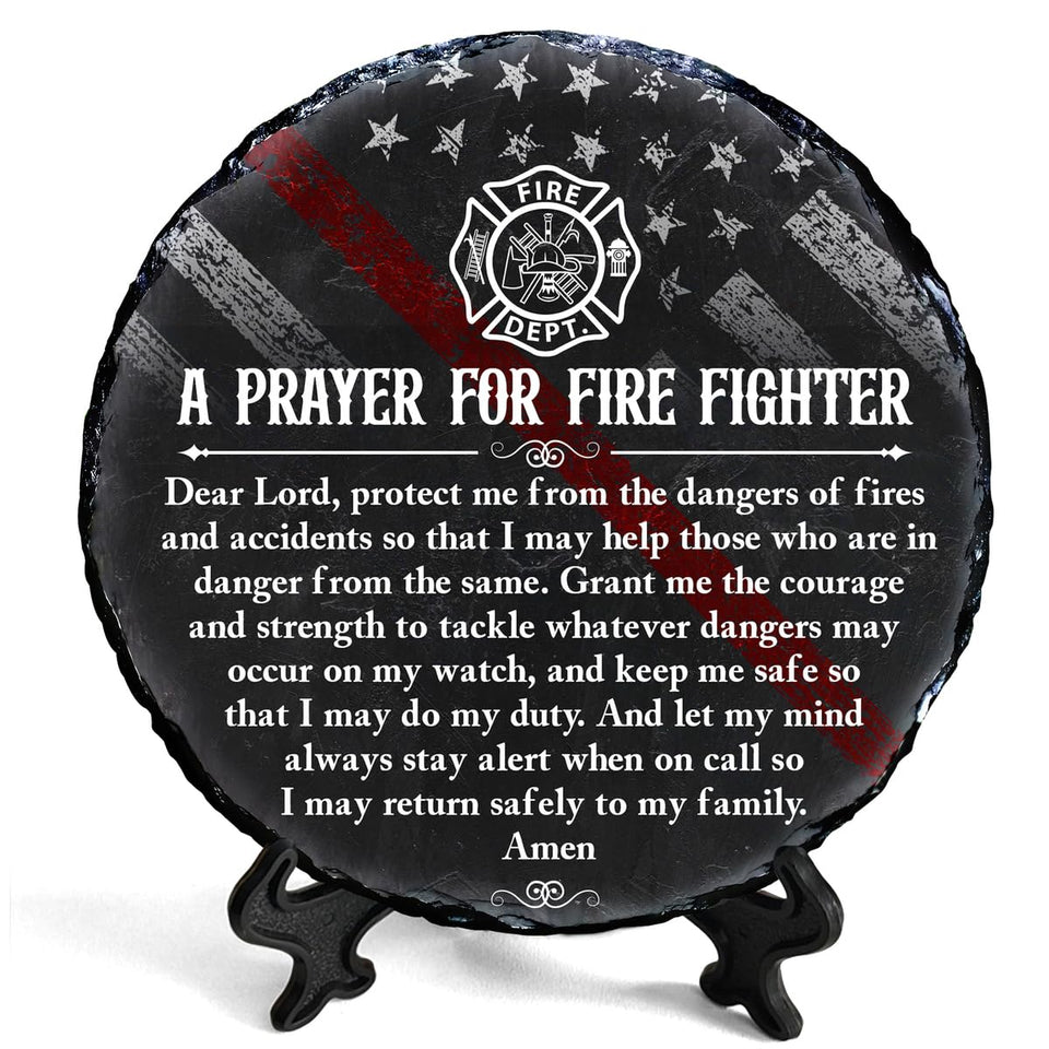 Bozspacer firefighter prayer plaque on desk, a daily reminder of courage and protection at home.