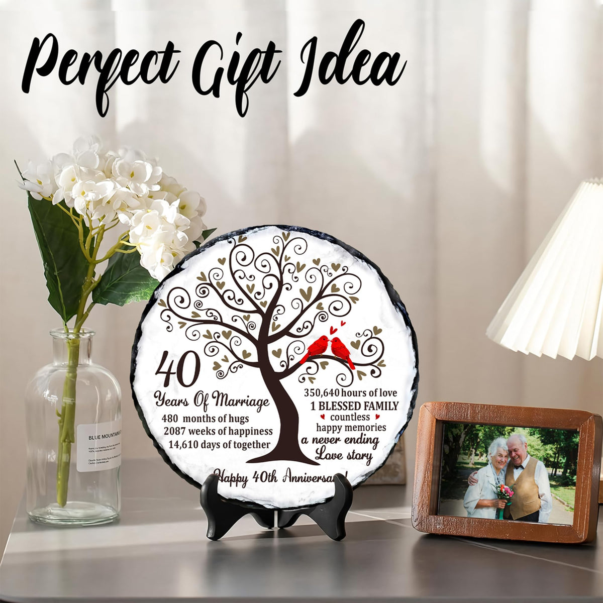 Bozspacer Ruby Couple Slate Plate in gift-ready packaging for ruby anniversary.