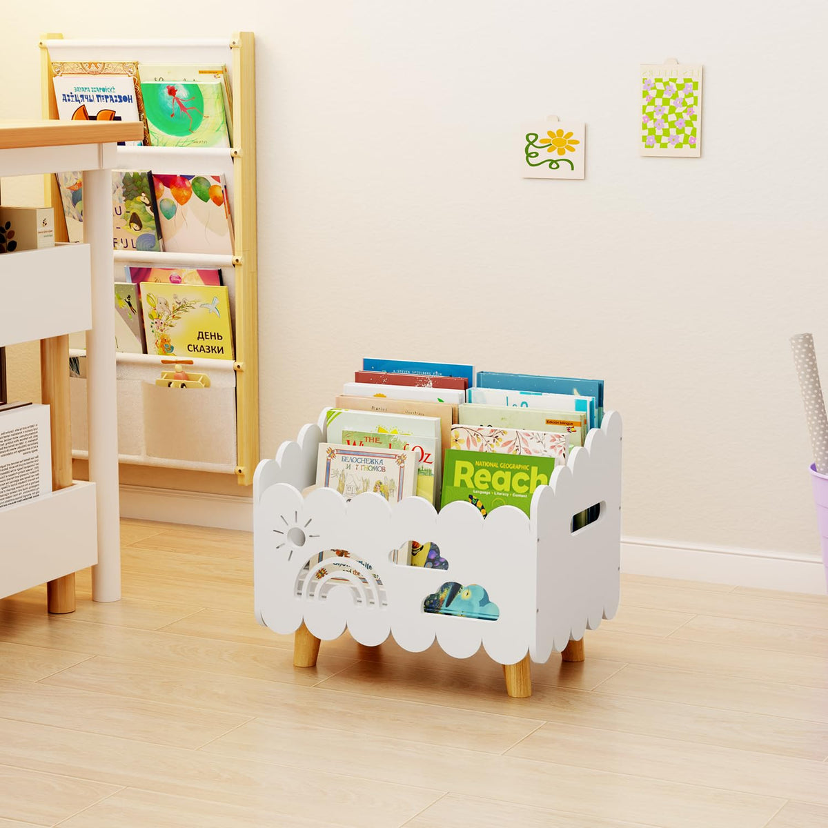 BPMFDTNL Wood Kids Bookshelf basket-shape storage adds cozy decorative touch for playrooms.