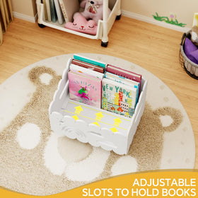 BPMFDTNL Wood Kids Bookshelf child using to reach favorites, promoting independence.