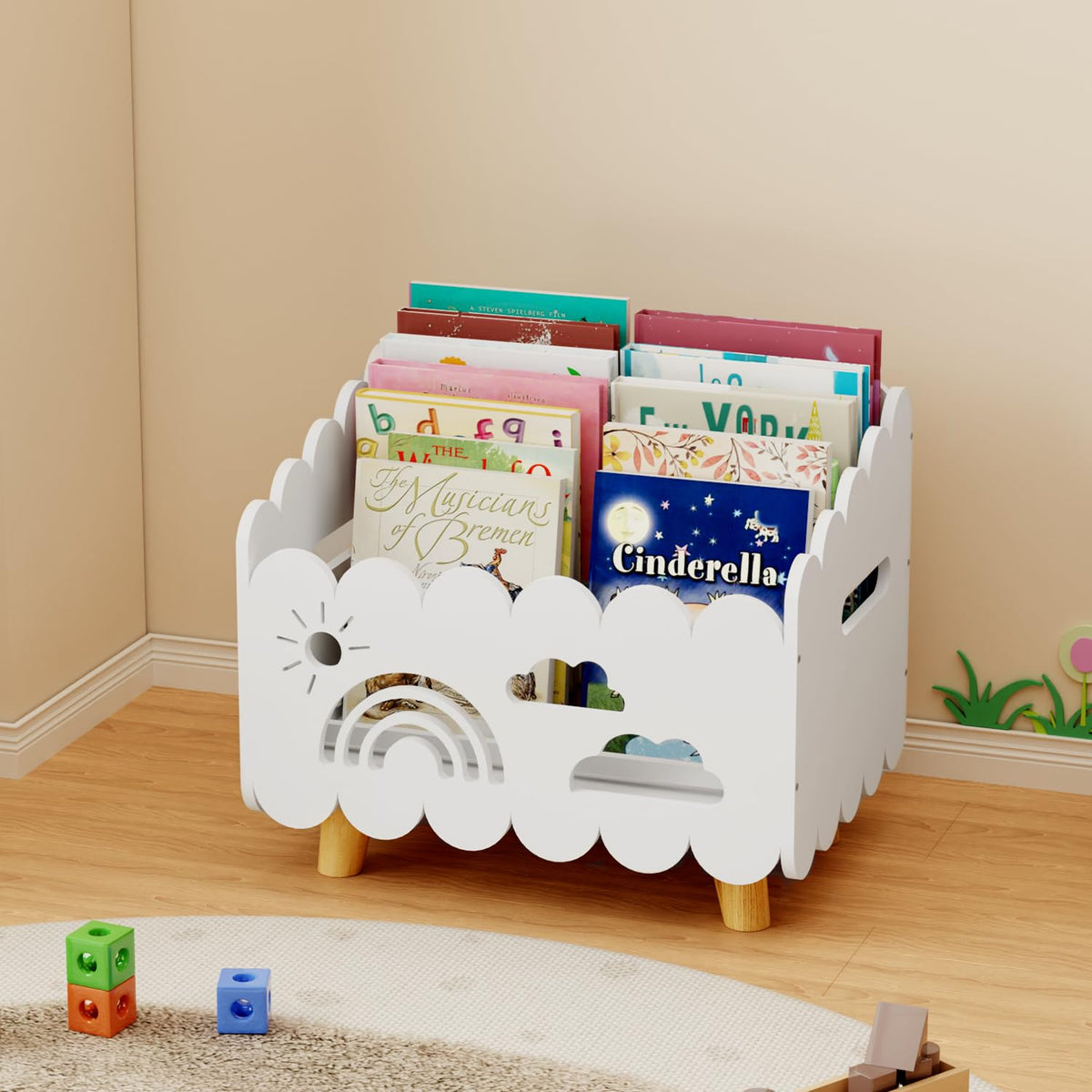 BPMFDTNL Wood Kids Bookshelf side view shows accessible design for independent reading.