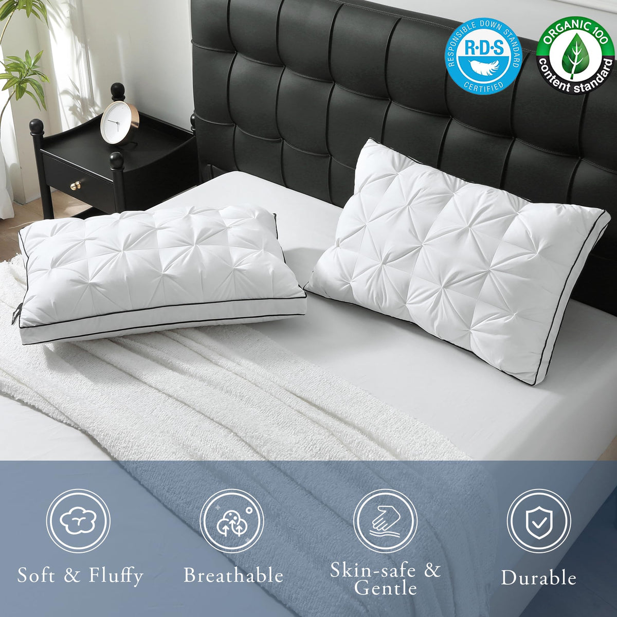 BPC bed pillow in a cozy bedroom setting showcasing hotel-like comfort