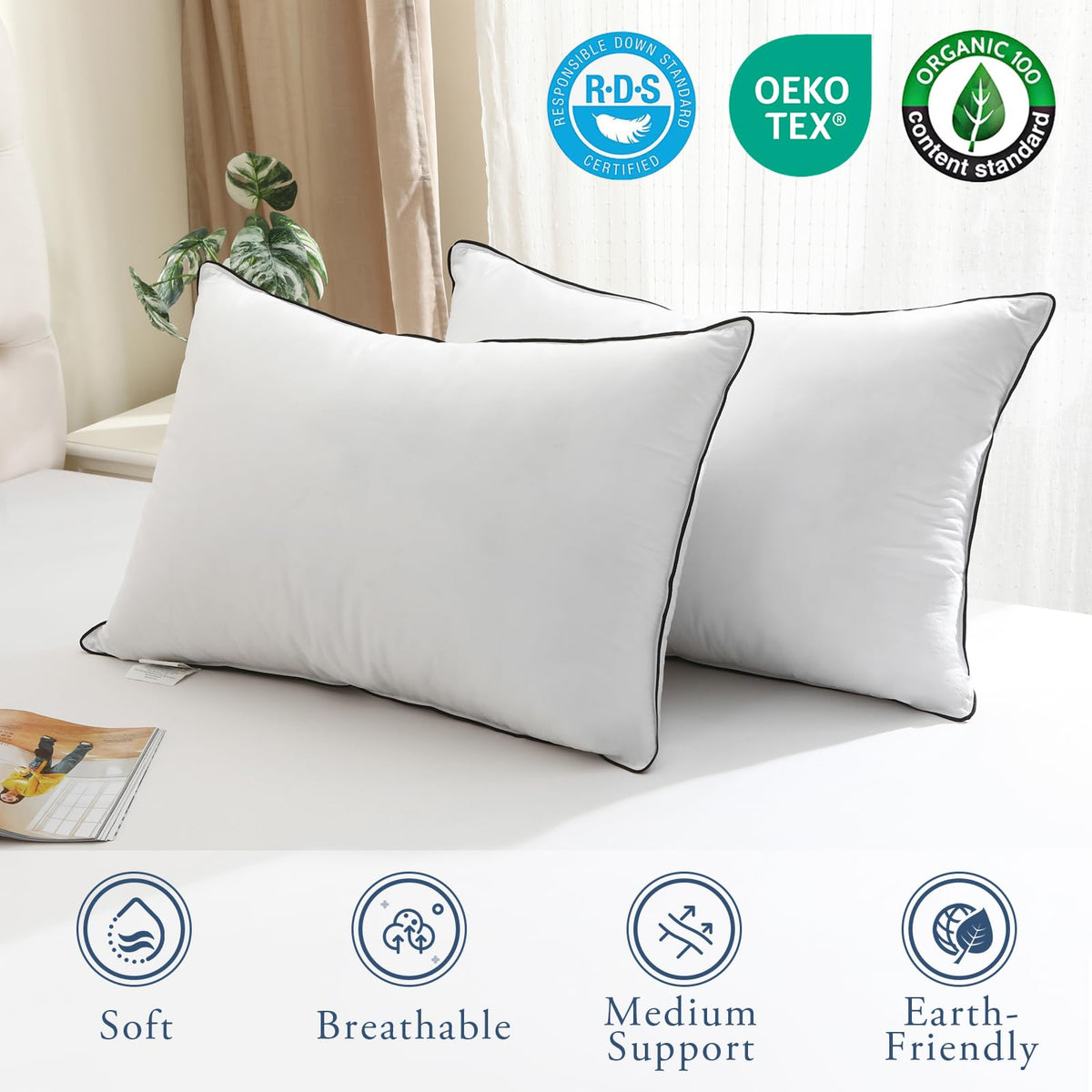 Bedroom scene with the BPC pillow demonstrates hotel-grade comfort at home