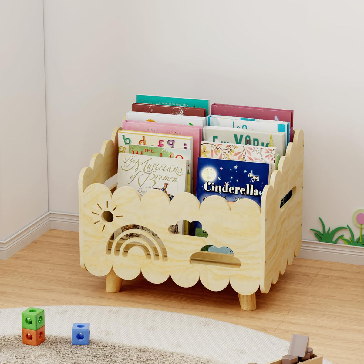 BPMFDTNL wood kids bookshelf with basket design for independent reading