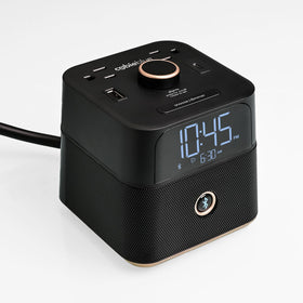 Brandstand CubieBlue alarm clock with Bluetooth speaker, ideal for bedside routines.