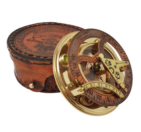 Brass Nautical sundial-compass precise dimensions help planning display.