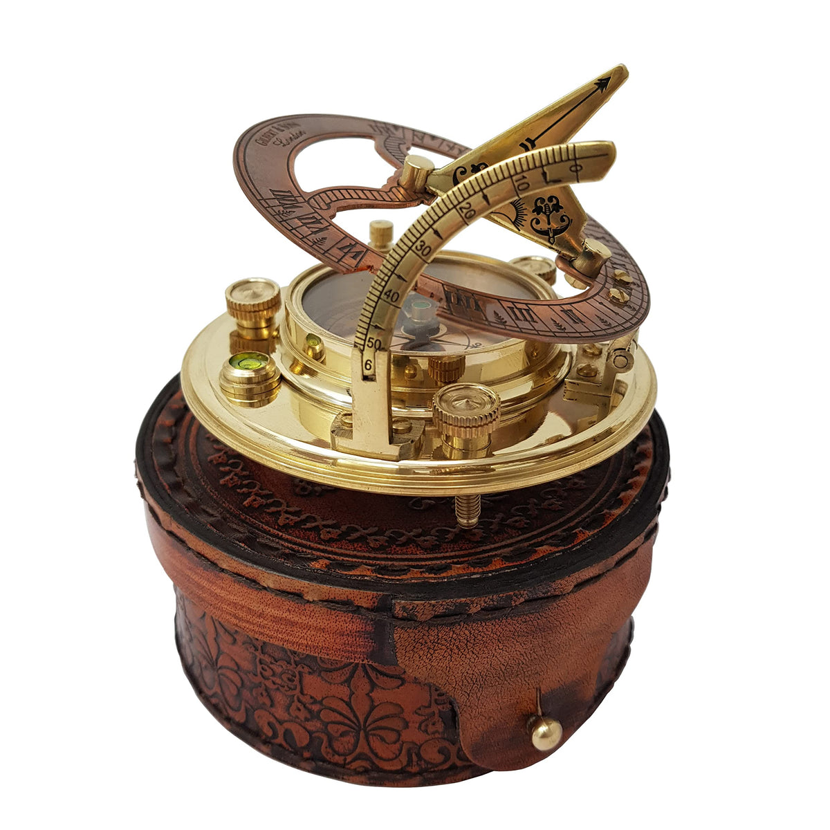 Brass Nautical sundial-compass leather gift box elevates presentation.