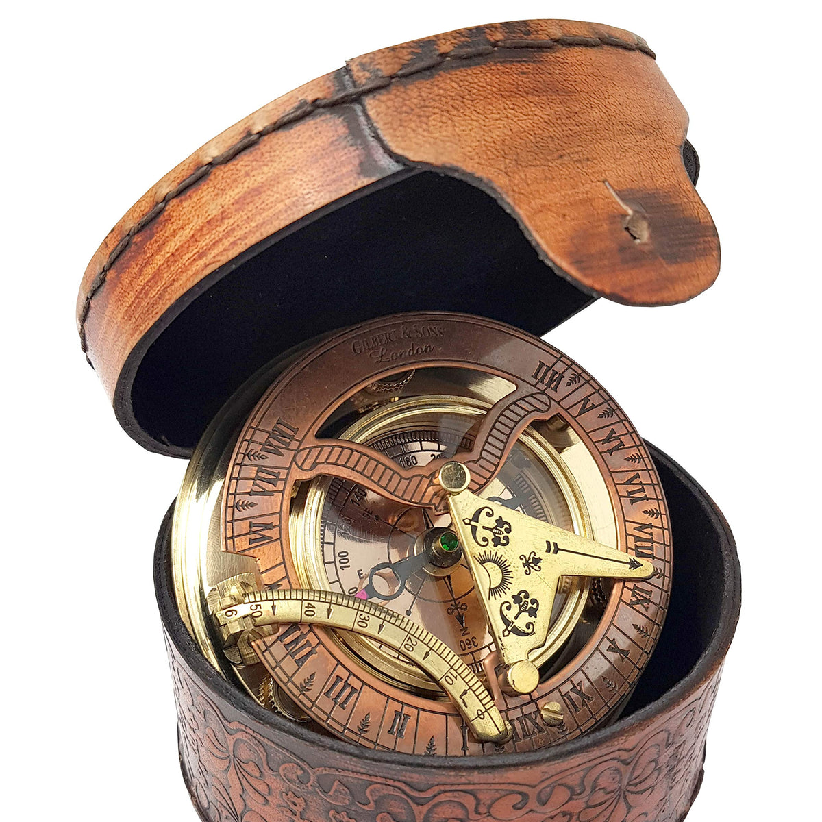 Brass Nautical sundial-compass in-box, ideal for elegant gifting and display.