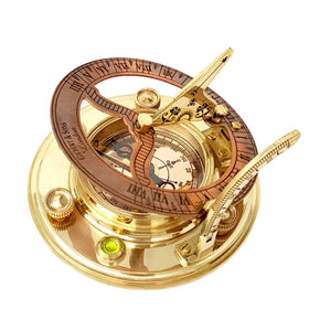 Brass Nautical sundial-compass portable design for desk or shelf.
