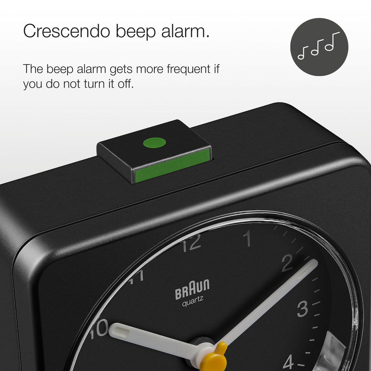 Braun alarm clock showing crescendo beep feature for alert wake.