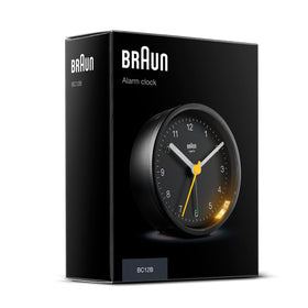 Front view of Braun clock on a nightstand with clean lines.