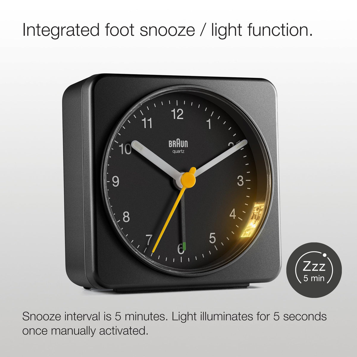 Braun clock with integrated snooze promotes restful pause before rising.