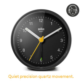 Braun Classic alarm clock with yellow second hand for quick time recognition.