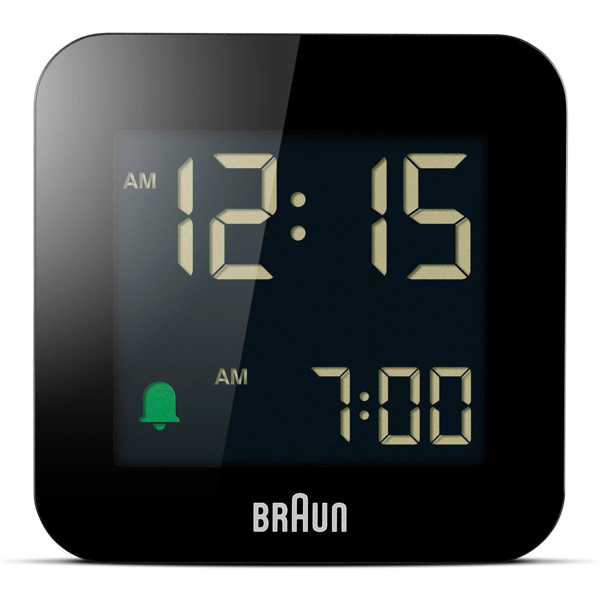 Braun BC08B travel alarm clock front view showing compact bedside design