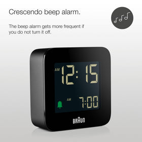 Braun BC08B travel alarm clock side view highlighting slim profile for travel