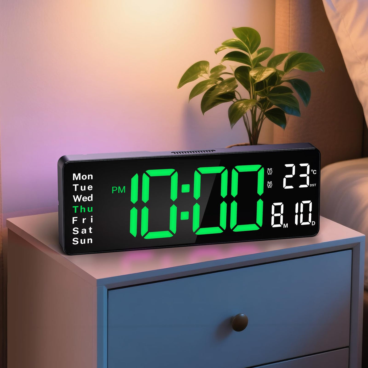 Brauthon 16-inch clock shows time, date, week, and temp for easy classroom reference.