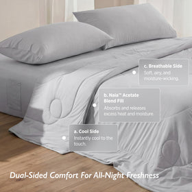 Breescape cooling comforter dual-sided design shows instant cool side and improved airflow.