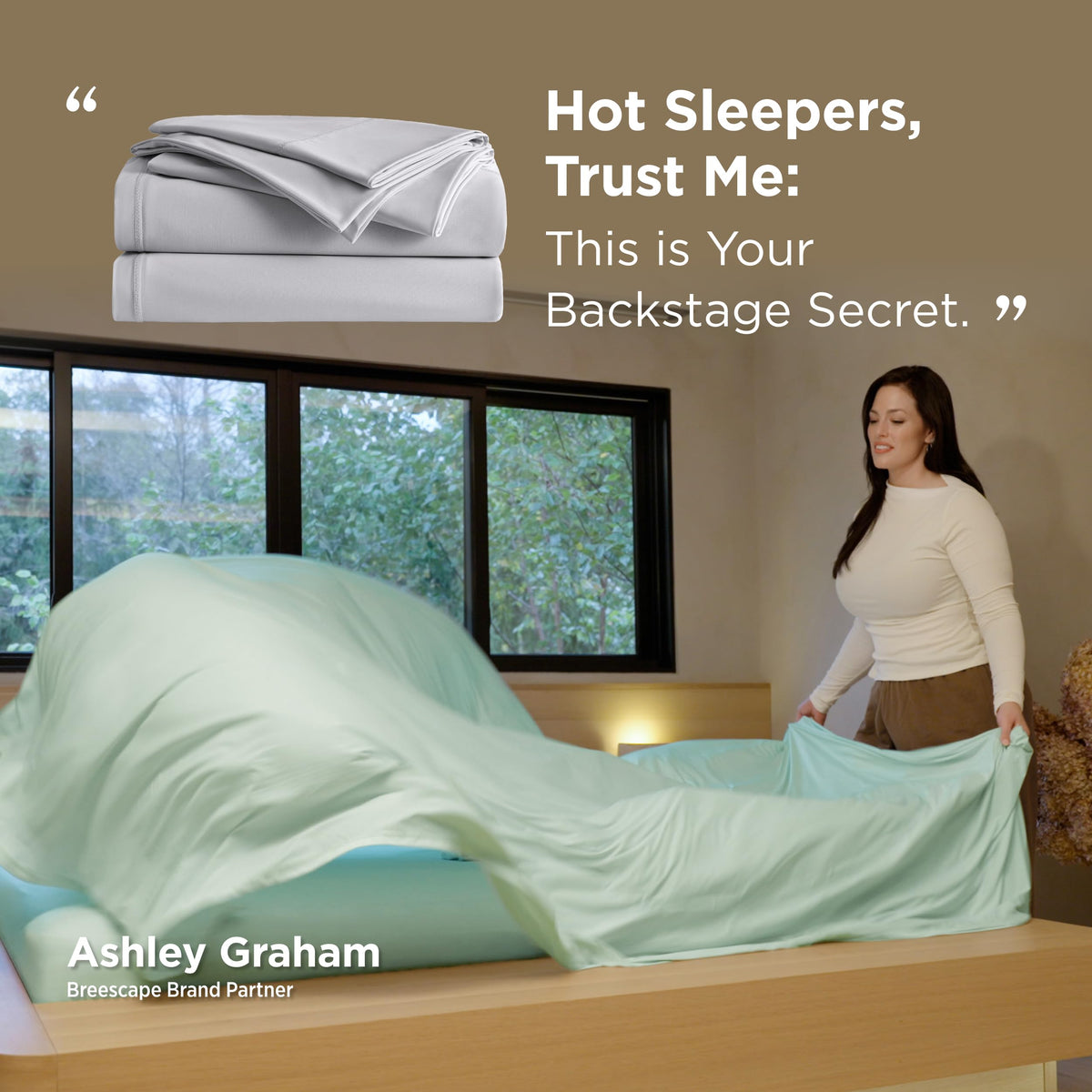 Breescape cooling sheets king size side pockets demonstrated for easy access to essentials