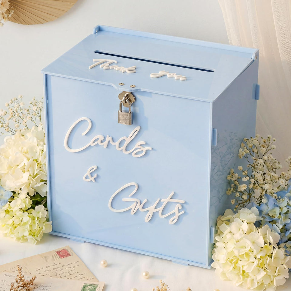 BreezeHug light blue acrylic card box front view for elegant wedding cards