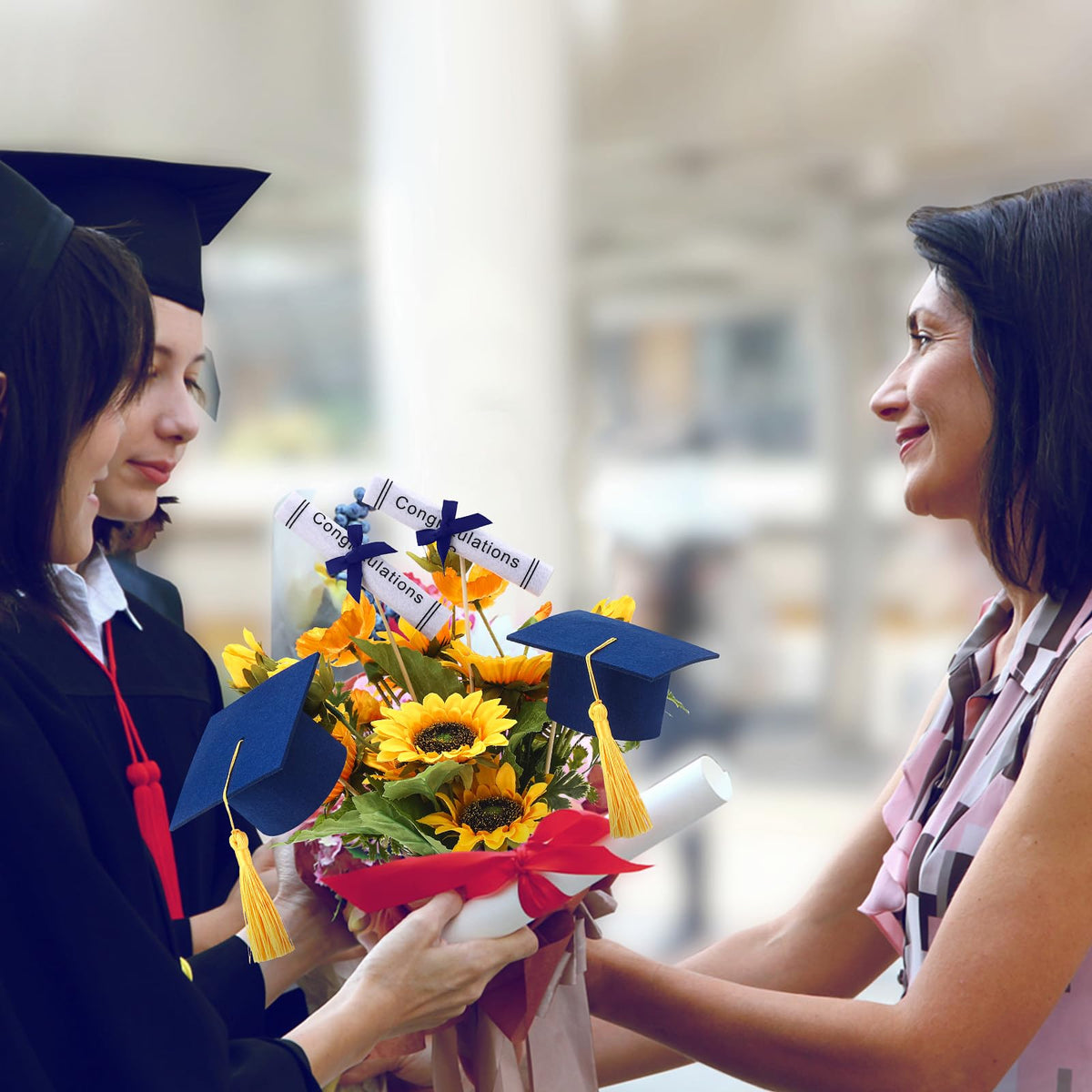 Breling blue and gold grad toppers brighten graduation tables