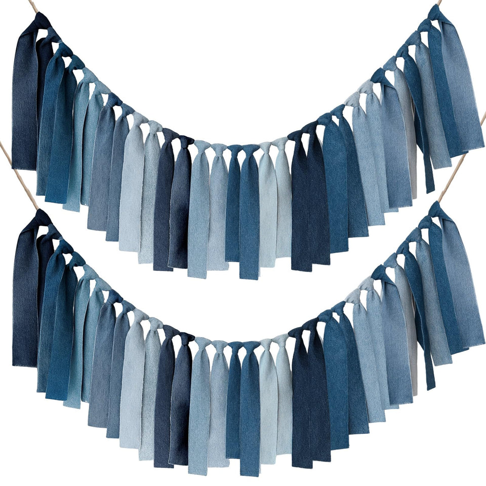 Breling denim banner close-up shows durable fabric strips for reusable decor.