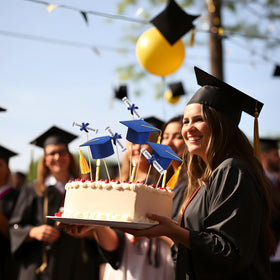 Breling diploma toppers on sticks brighten Mason jars and centerpieces.